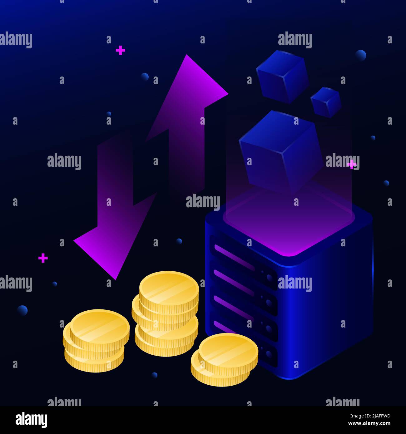 Isometric Blockchain Illustration. Coins, Cubes, Graphs on the Gradient Background. Vector illustration Stock Vector