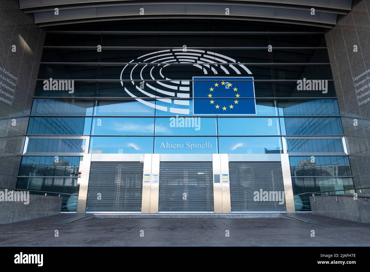 Brussels, Belgium - Nov 17, 2019: European Parliament building in Brussels. EU is a political and economic union of 27 member states. Stock Photo