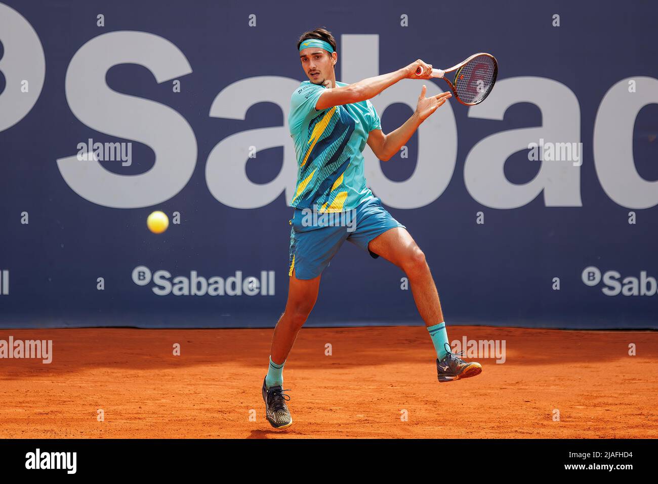 BARCELONA - APR 22: Lorenzo Sonego in action during the Barcelona Open Banc Sabadell Tennis Tournament at Real Club De Tenis Barcelona on April 22, 20 Stock Photo