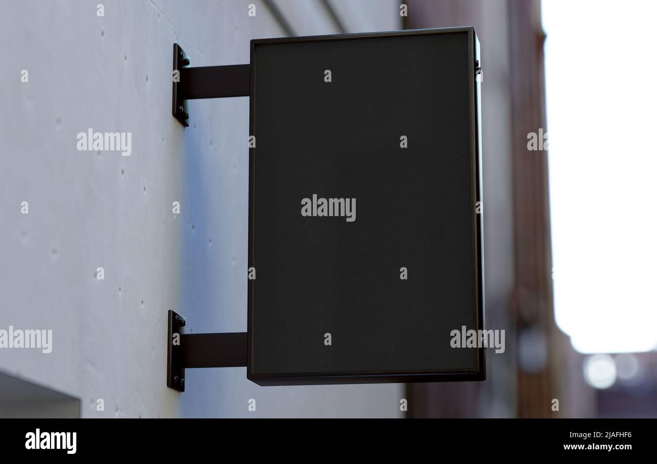 Vertical wall sign mockup hung on a store facade. Outdoor business