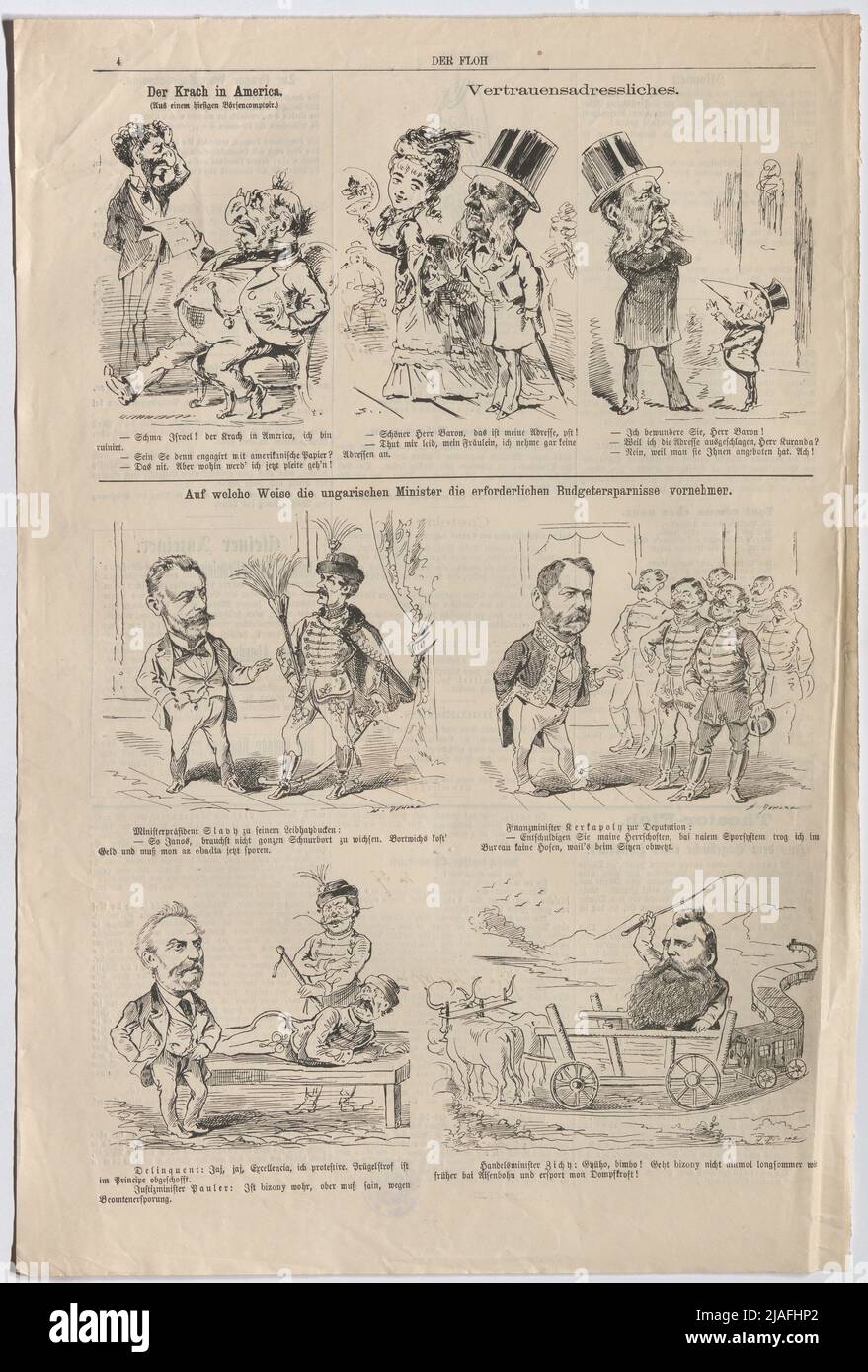 The noise in America. Addative address. How the Hungarian ministers make the necessary budget savings. ' Baron (with Ignaz Kuranda) (caricature sequence with text from 'Der Floh'). Henri Demare (1846-1887), Caricaturist Stock Photo