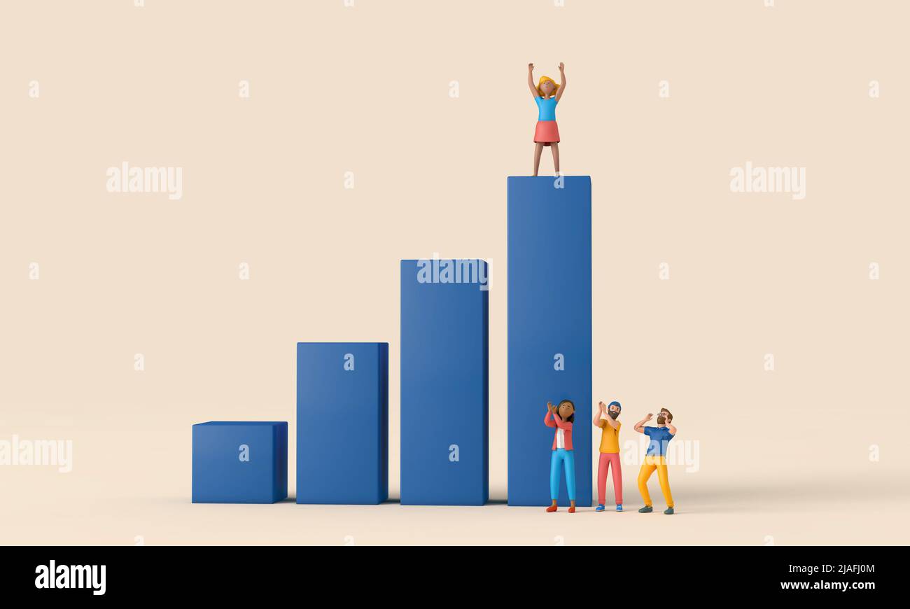 Business growth and development illustration. People on a bar chart. 3D ...