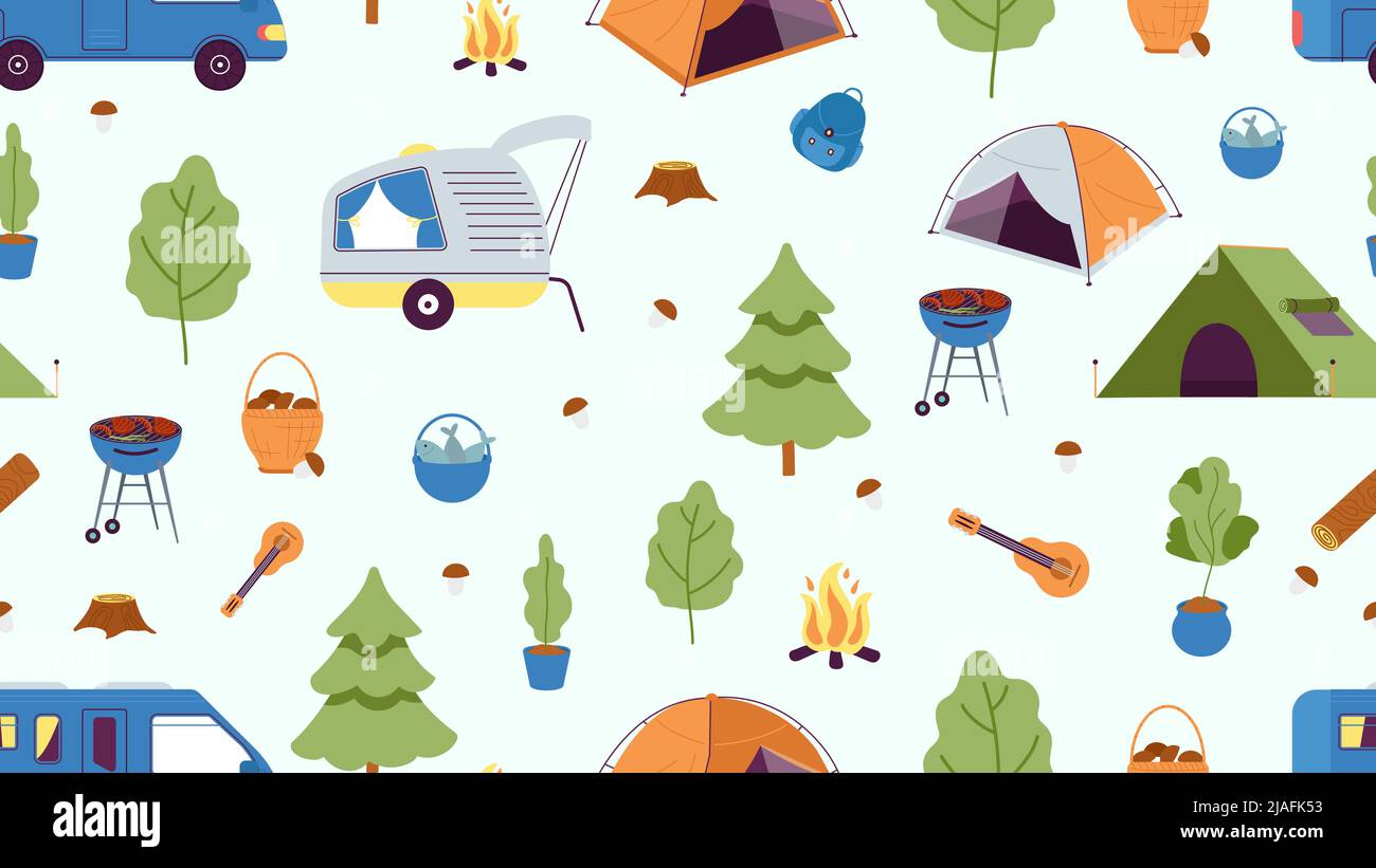 Camping seamless pattern. Camp tent, cars and tree, fire and mushroom. Summer autumn forest adventures print, vector nature background Stock Vector
