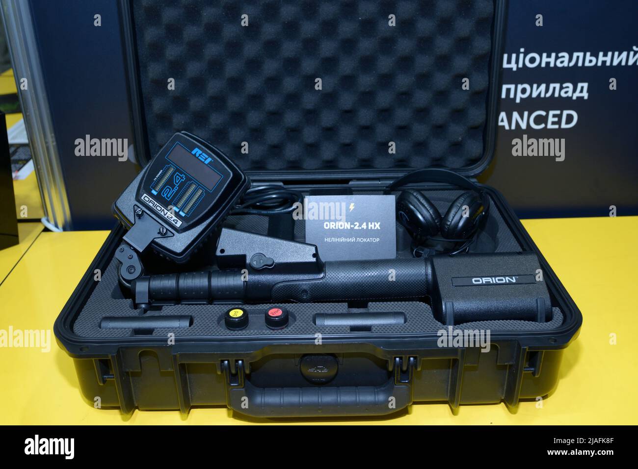 Locate Eavesdropping Device. ORION 2.4 HX, Non Linear Junction Detector put in box. It is made to detect and locate hidden cameras, microphones, and Stock Photo