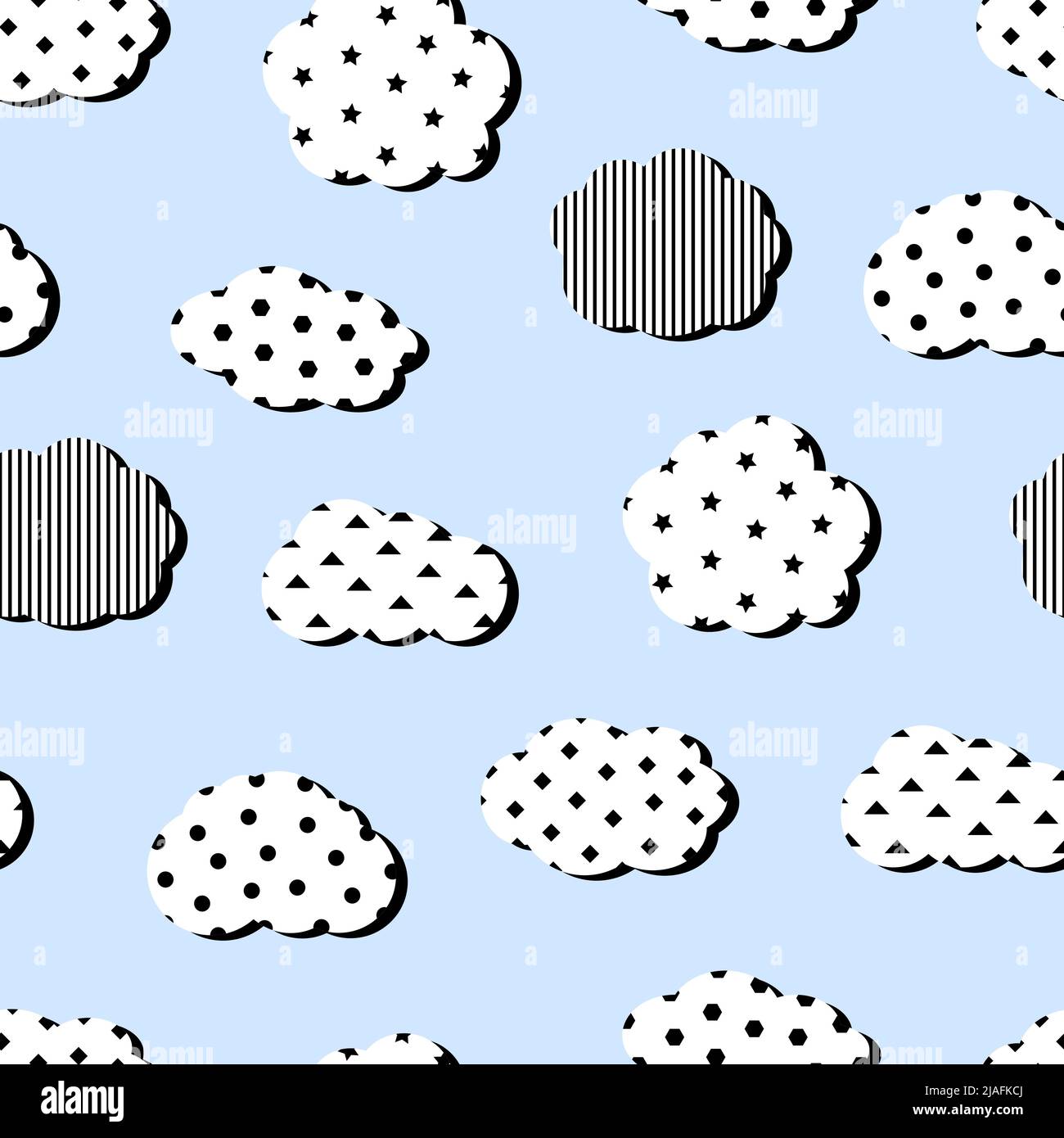 Decorative pop art clouds texture. Vector seamless pattern white cloud decorated polka dot, stripes, stars. Retro 90s 80 s style abstract print Stock Vector