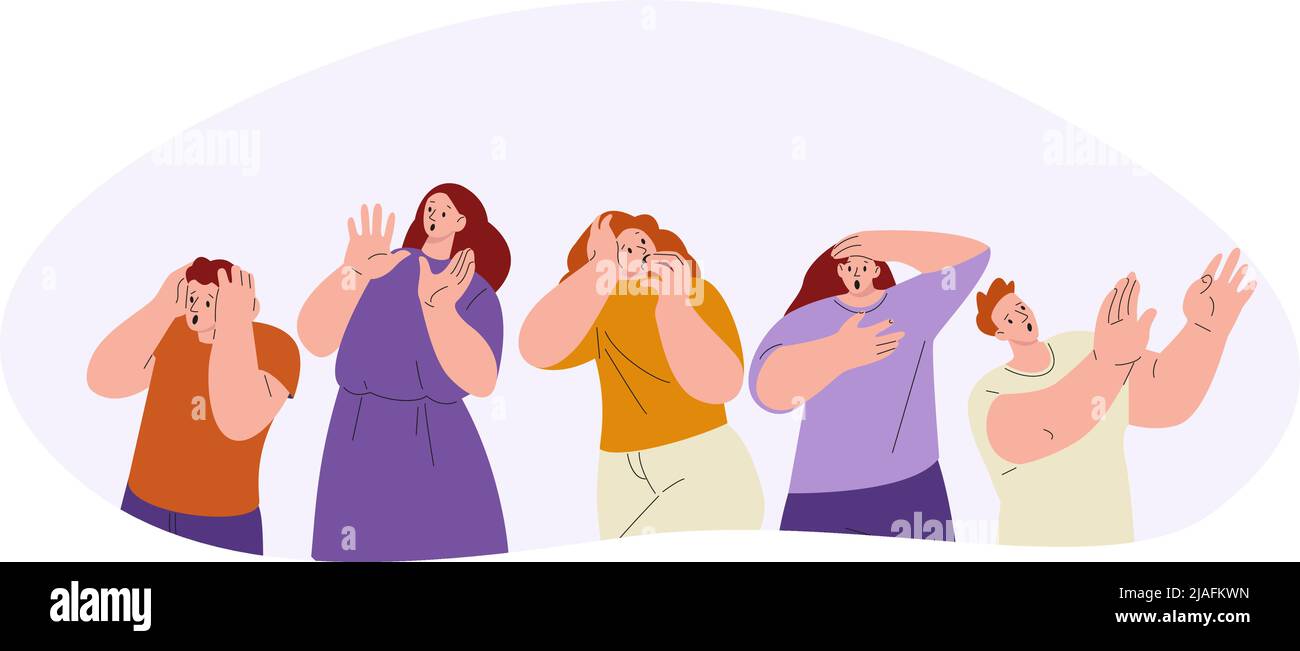 Frustrated panic characters. Afraid people group, panicking feeling. Frightful scary, flat men women scream and anxiety. Emotional kicky vector person Stock Vector