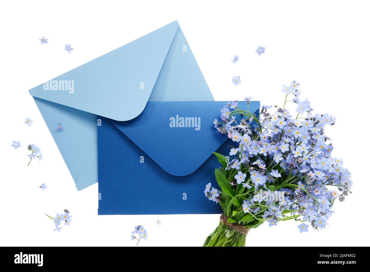 Blue envelope with wedding invitation card or birthday letter decorated