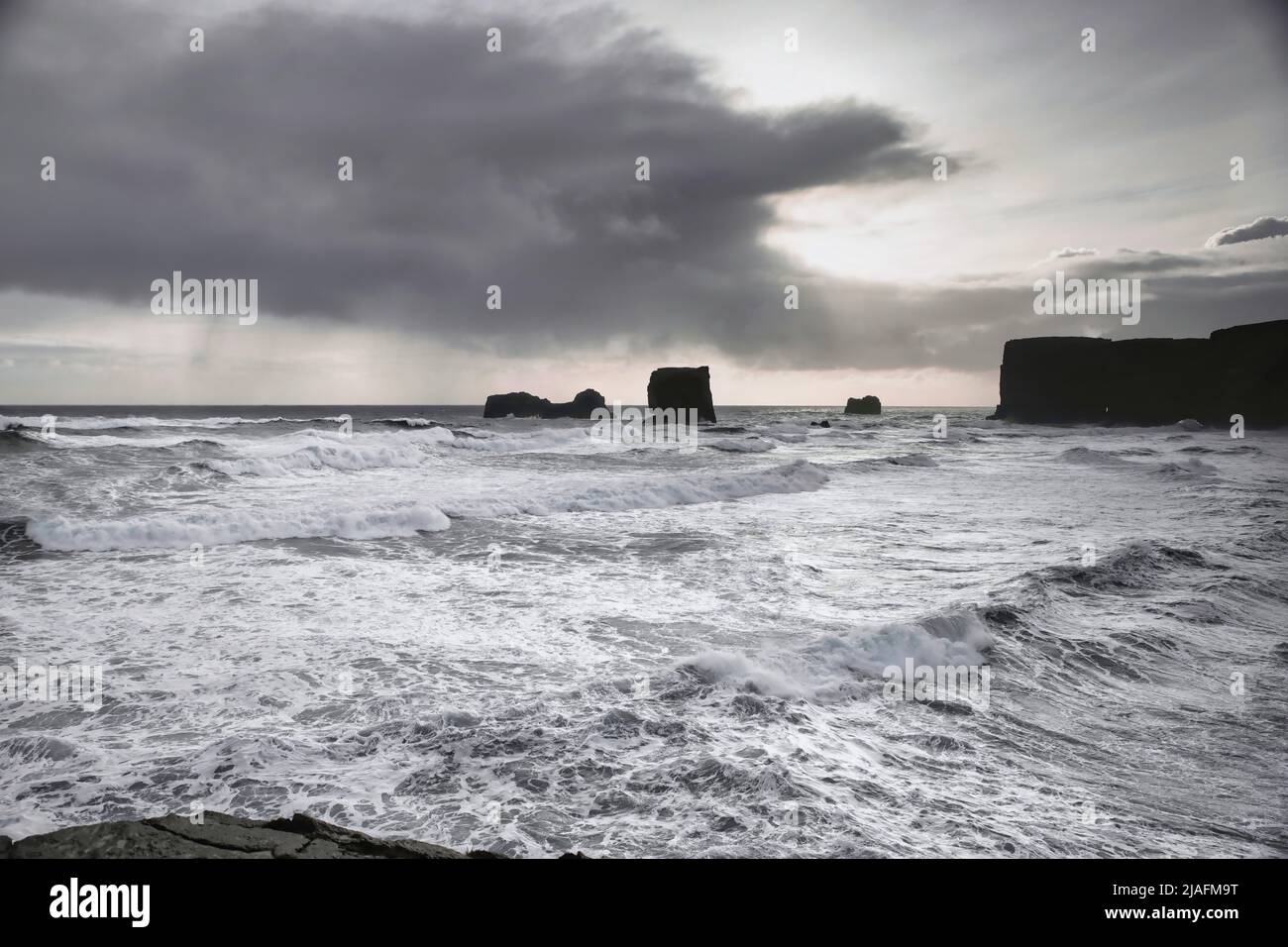 Coast in the southern part of iceland during a stormy day, Dyrhólaey Stock Photo
