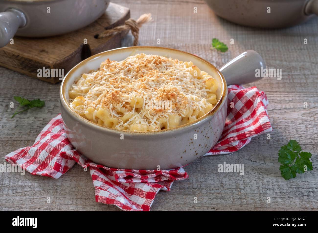 Mac and cheese. traditional american dish macaroni pasta and a cheese sauce Stock Photo