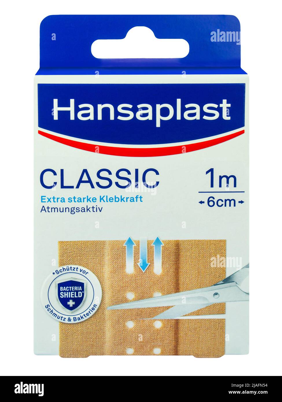 Hansaplast Classic Pflaster mit Verpackung auf weissem Hintergrund Stock Photo