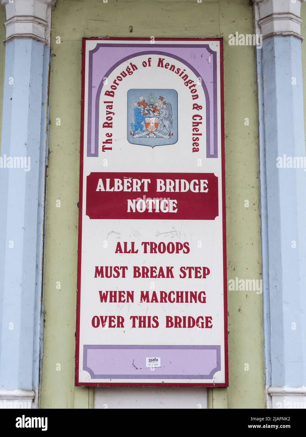 'All troops must break step when marching over this bridge': notice on Albert Bridge, Battersea, Wandsworth, South London, UK. Stock Photo