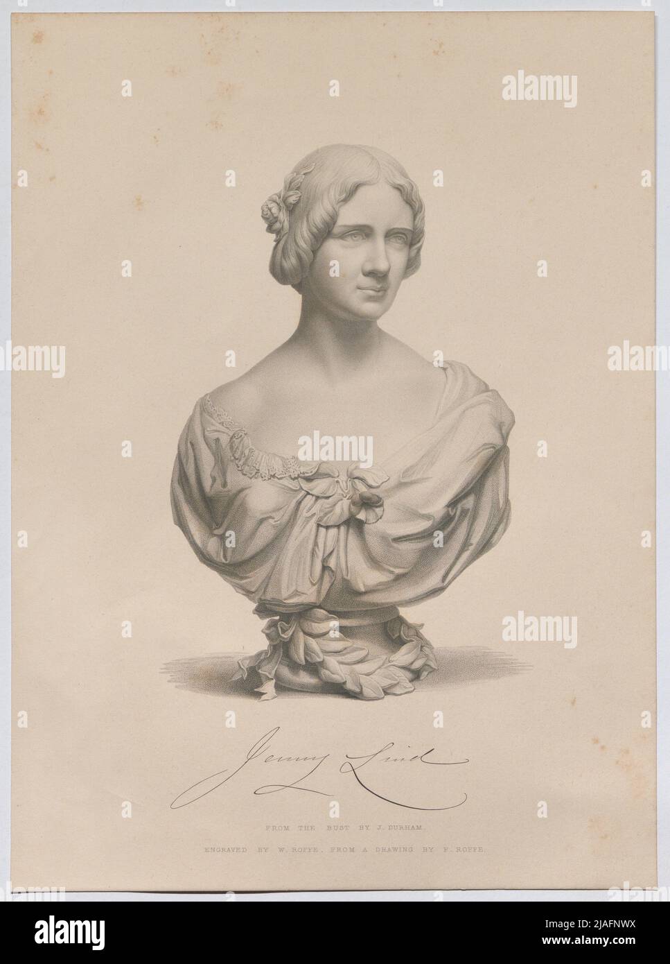 Jenny Lind. Bust of Jenny Lind, opera singer. William Callio Roffe (1817-1894), Engraver, after: f r Roffe, drawer Stock Photo