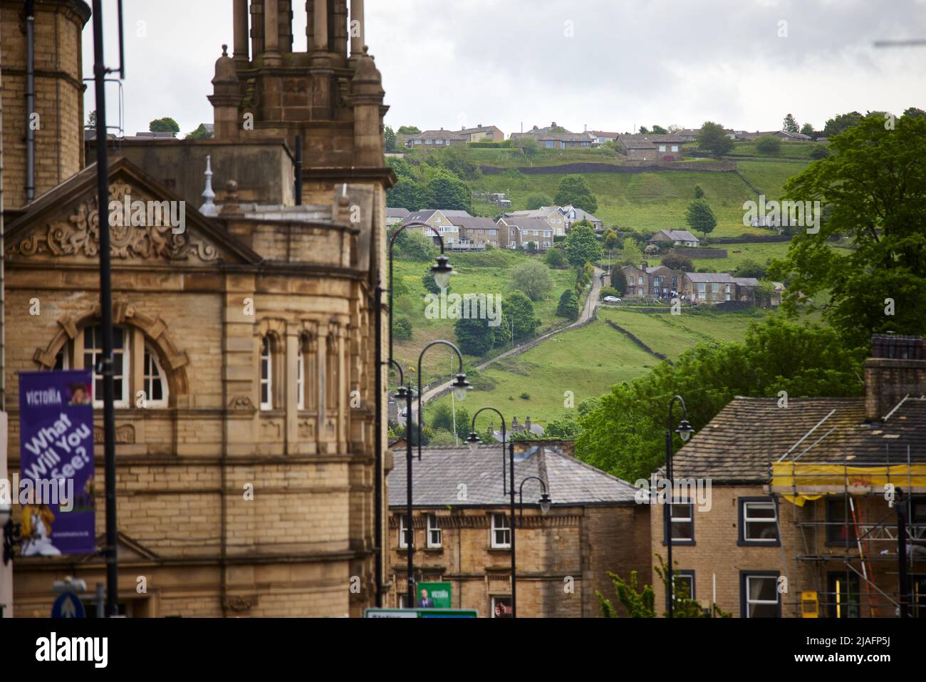 Halifax West Yorkshire, town centre buildings frame the houses on the