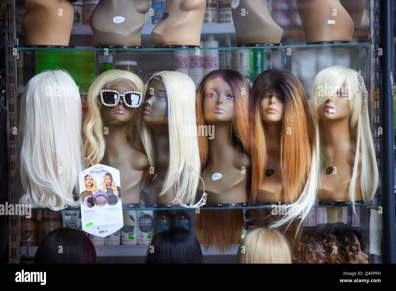 Halifax West Yorkshire, Town centre wig shop window display Stock Photo