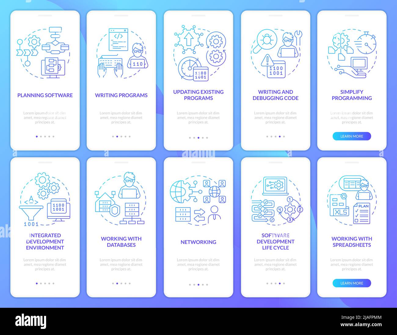 Programmer skills blue gradient onboarding mobile app screen set Stock Vector