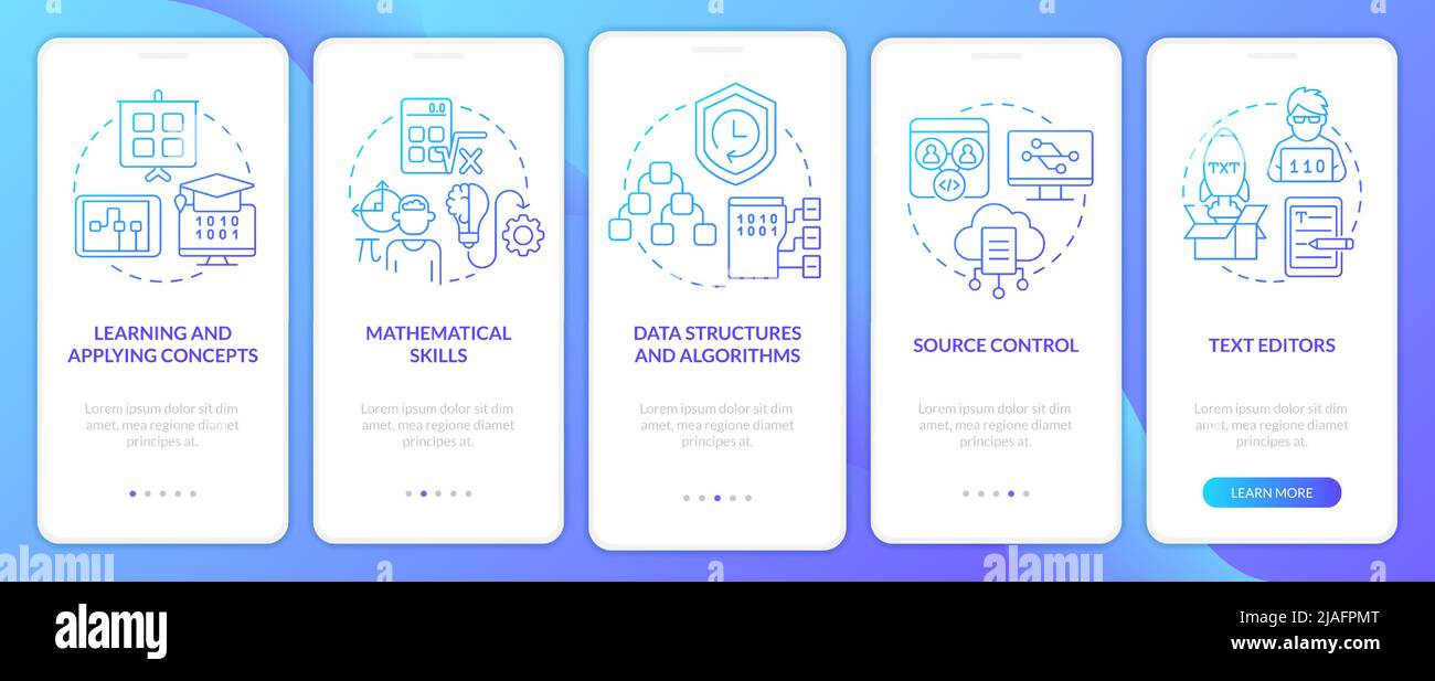 Program development skills blue gradient onboarding mobile app screen Stock Vector