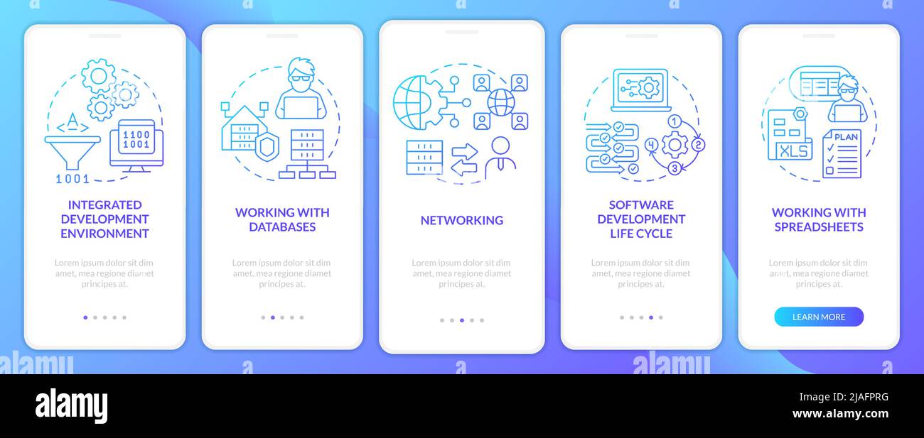 Program building skills blue gradient onboarding mobile app screen Stock Vector
