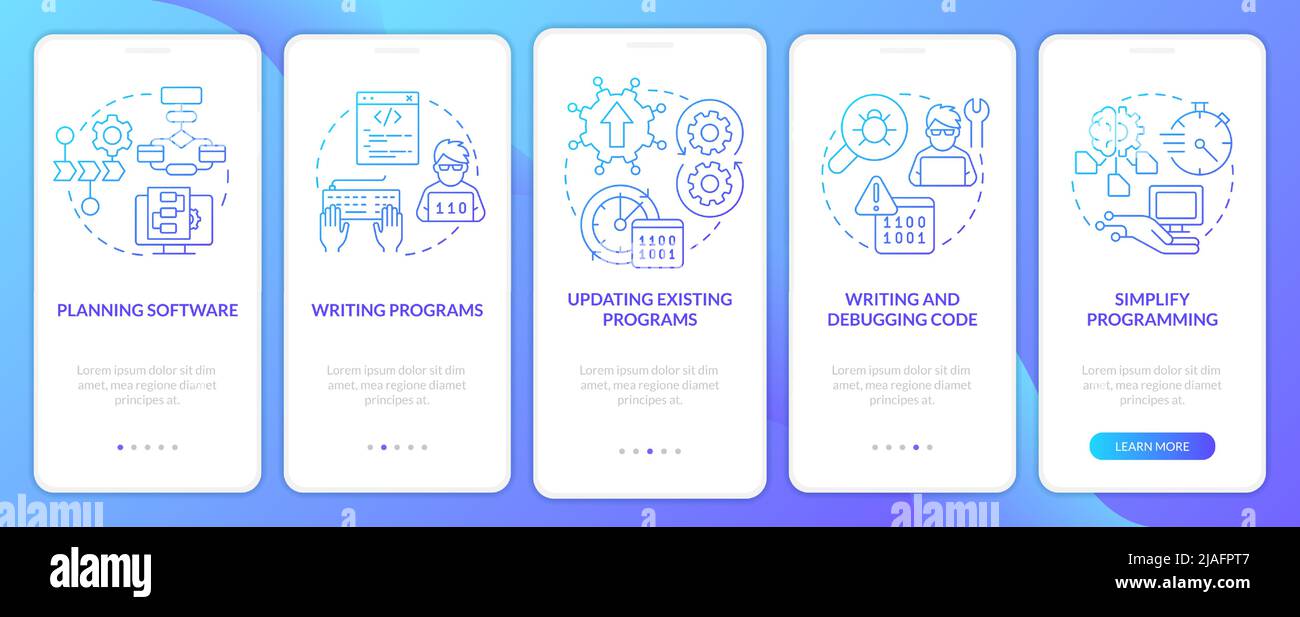 Programming skills blue gradient onboarding mobile app screen Stock Vector
