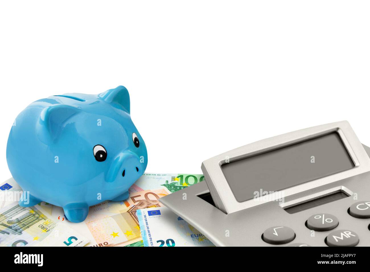 Blue Piggy Bank and Euro Banknotes with calculator isolated on white ...