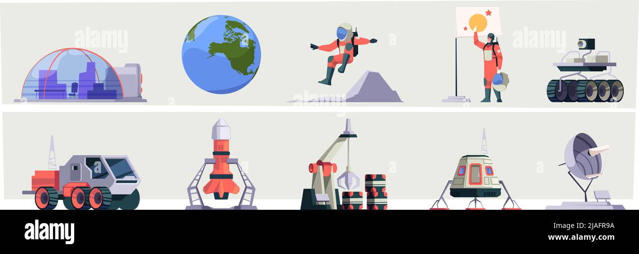 Space exploring. Astronaut adventure spacesuit rocket transport spacecraft vehicles garish vector cartoon illustrations Stock Vector