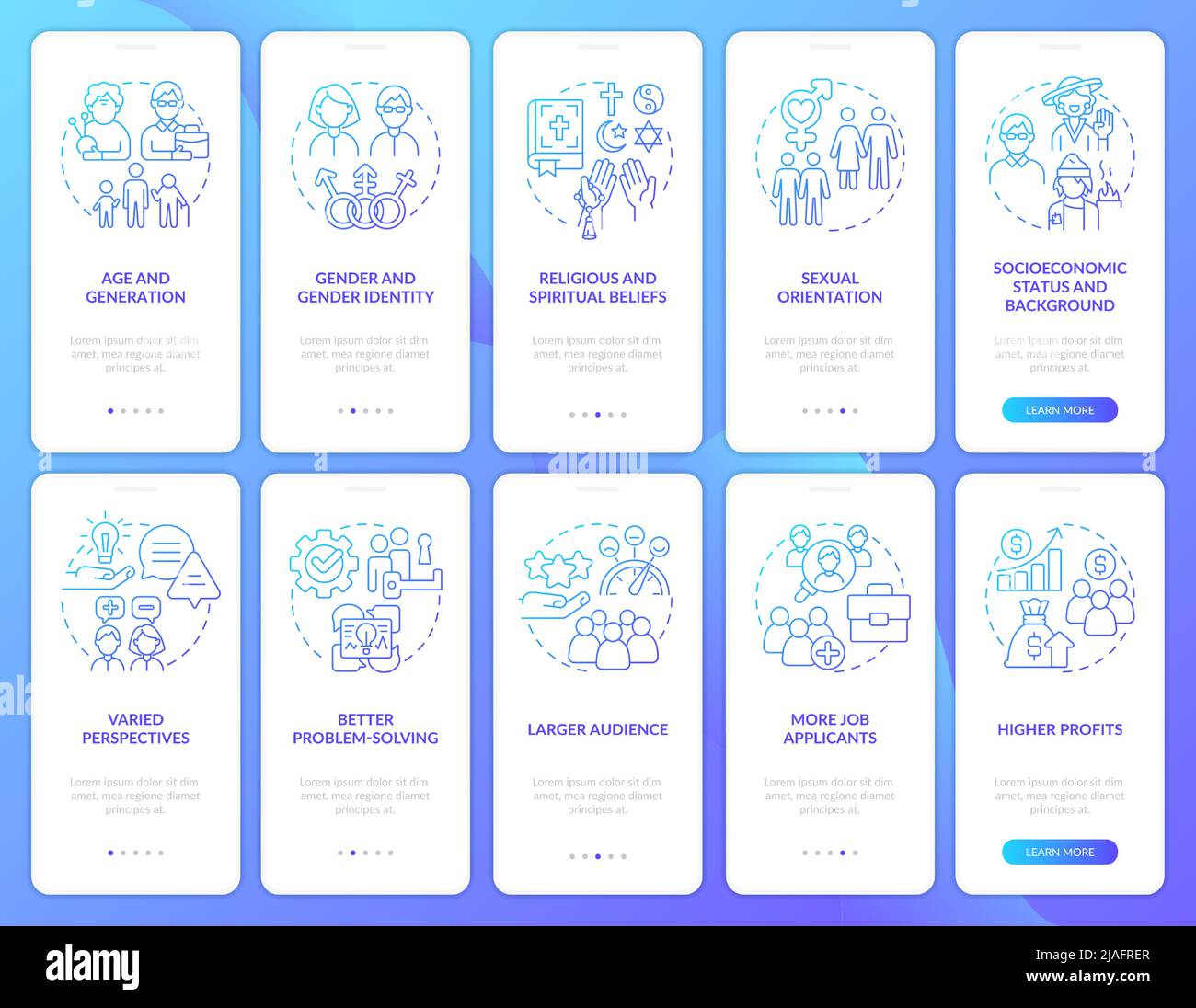 Diversity and inclusion blue gradient onboarding mobile app screen set Stock Vector