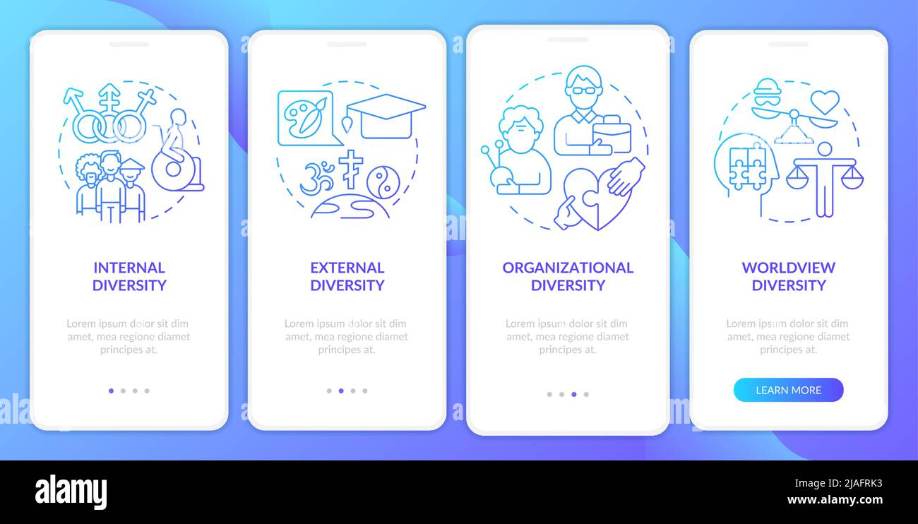 Workplace diversity blue gradient onboarding mobile app screen Stock Vector