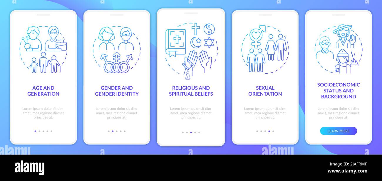 Types of diversity blue gradient onboarding mobile app screen Stock Vector