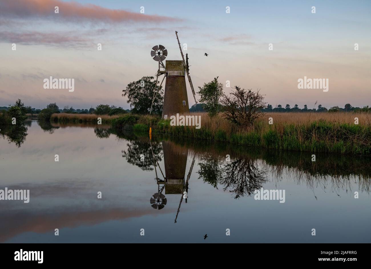 Norfolk Broads Norfolk Dawn England May 2022 Turf Fen Drainage Mill on the River Ant at How Hill on the Norfolk Broads.. The drainage mill was built a Stock Photo