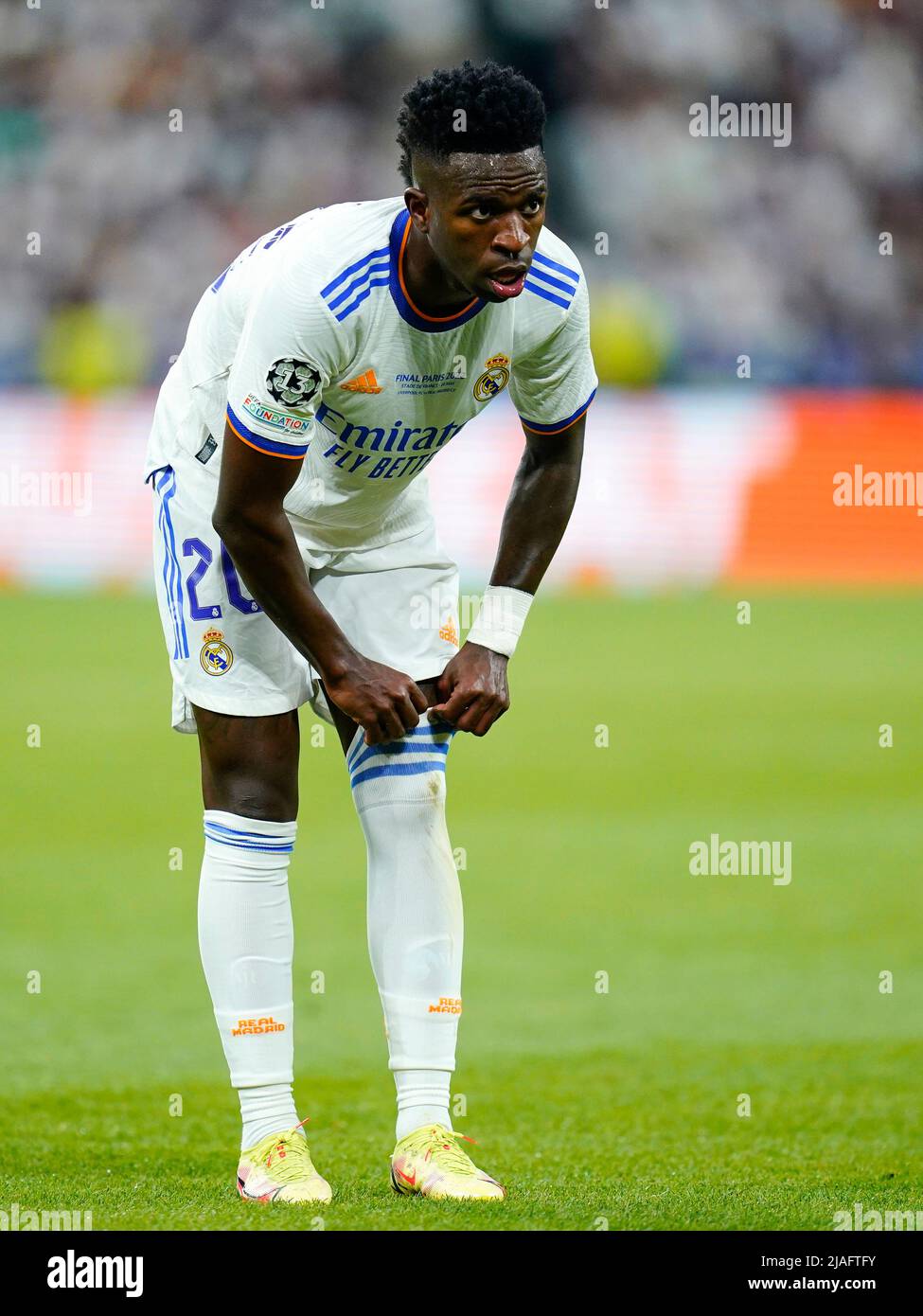 Vinicius Jr of Real Madrid during the UEFA Champions League Final match between Liverpool FC and Real Madrid played at Stade de France on May 28, 2022 in Paris, France. (Photo / Magma) Stock Photo