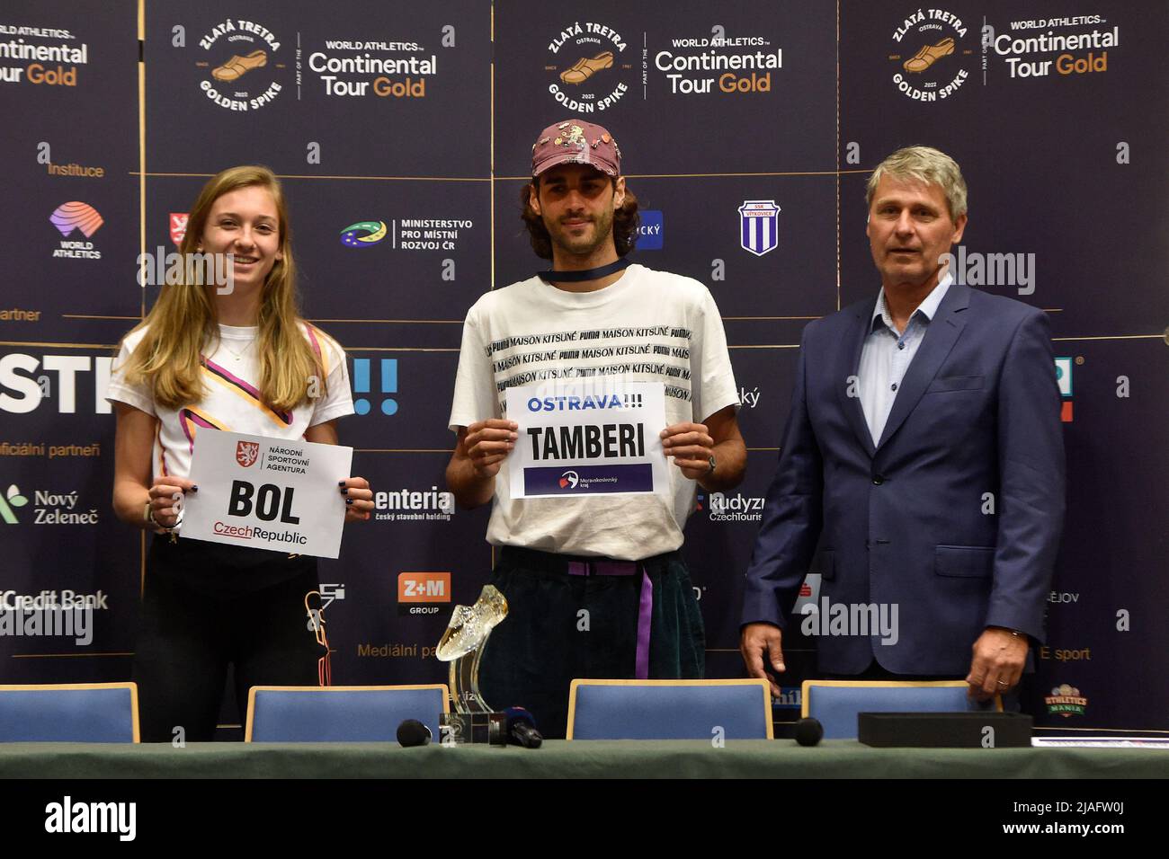 Ostrava, Czech Republic. 30th May, 2022. From left to right, athletes Femke Bol of Netherlands, Gianmarco Tamberi of Italy and the Golden Spike director Jan Zelezny attend a press conference before a Golden Spike athletics IAAF World Challenge event held in Ostrava, Monday, May 30, 2022. Credit: Jaroslav Ozana/CTK Photo/Alamy Live News Stock Photo