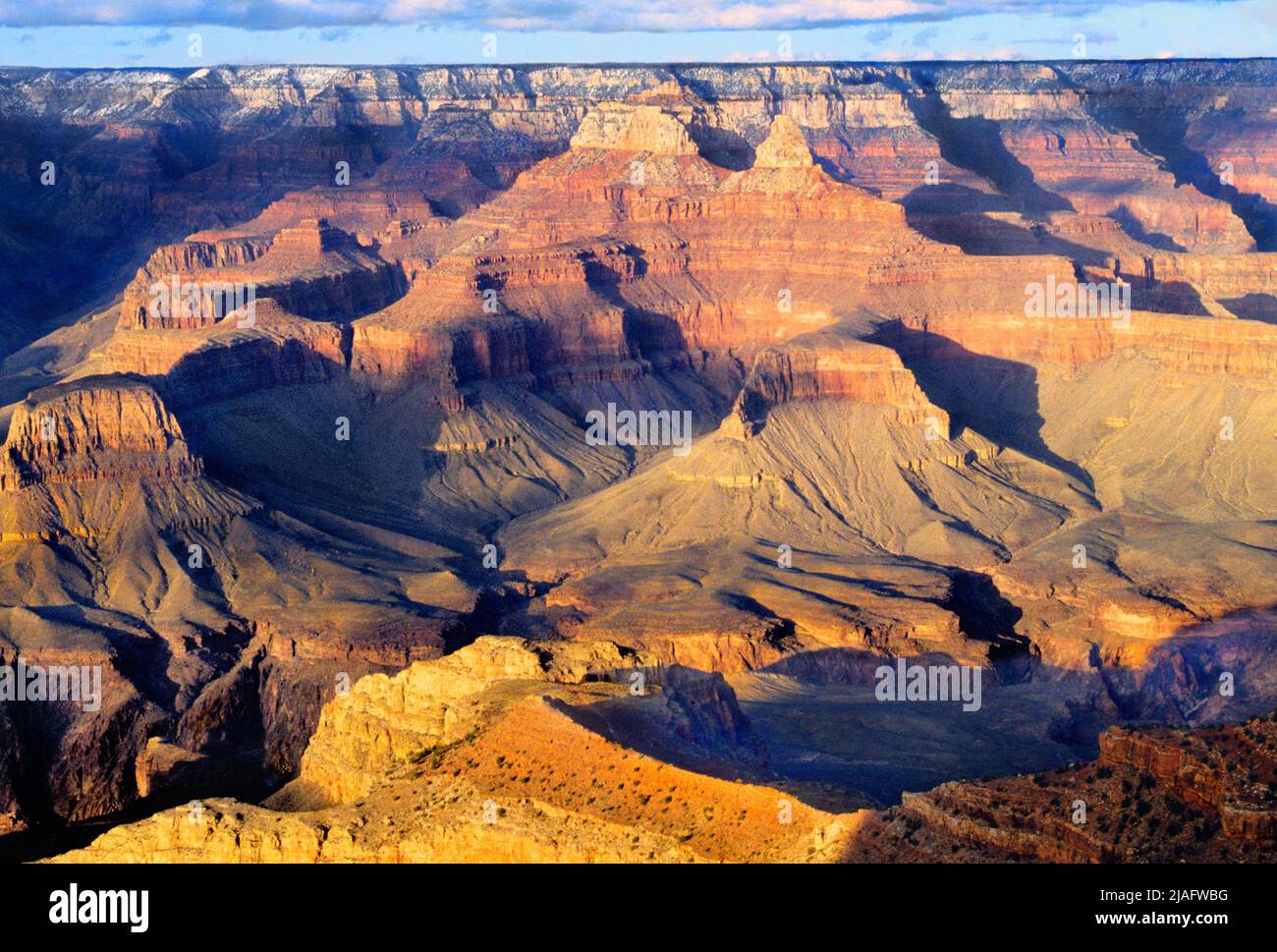 Grand Canyon National Park, Mather Point, South Rim in Arizona.  Scenic landscape view of bottom of the canyons with shadows at sunset. Southwest USA Stock Photo