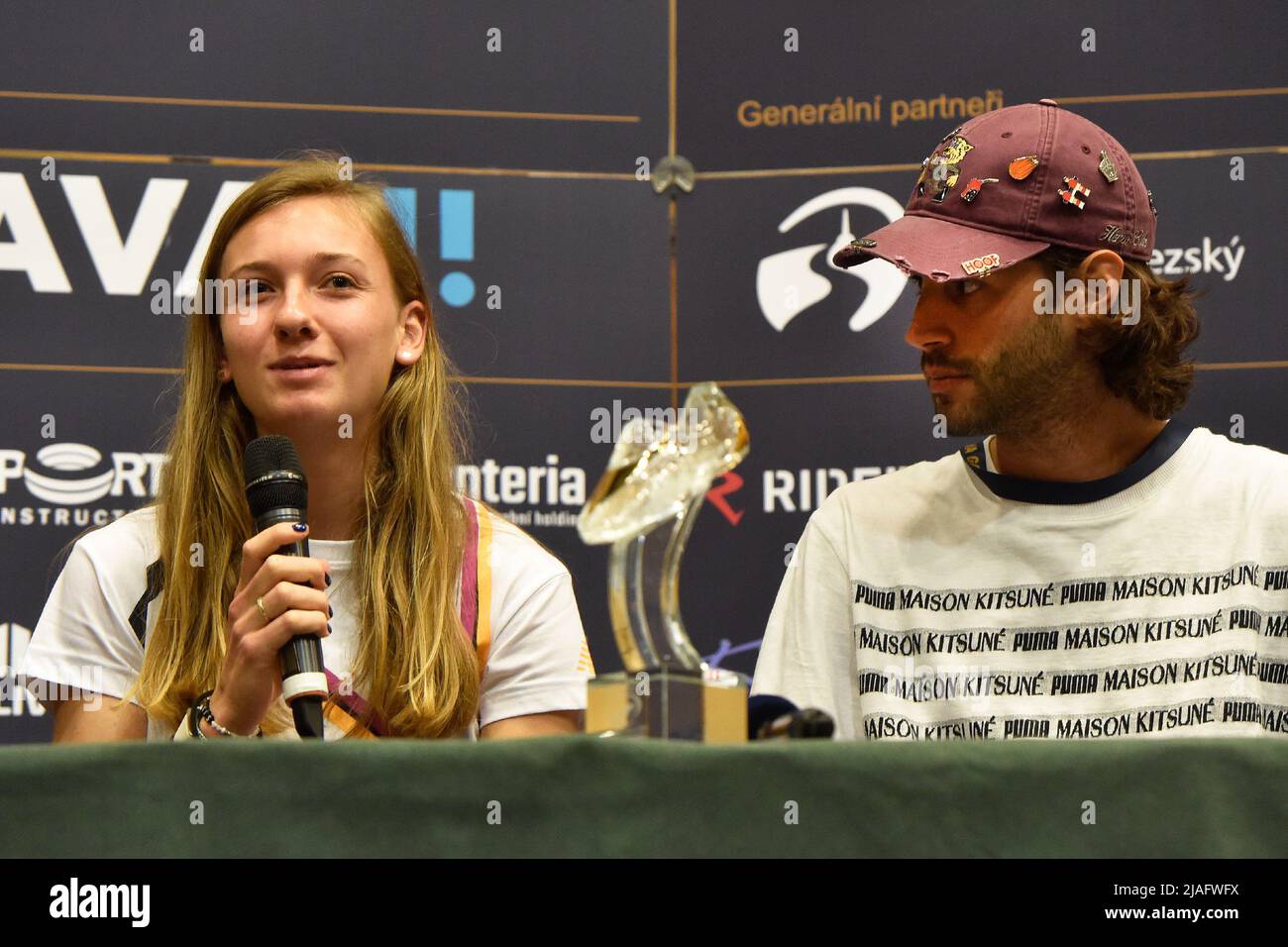 Ostrava, Czech Republic. 30th May, 2022. Athletes Femke Bol of Netherlands, left, and Gianmarco Tamberi of Italy attend a press conference before a Golden Spike athletics IAAF World Challenge event held in Ostrava, Monday, May 30, 2022. Credit: Jaroslav Ozana/CTK Photo/Alamy Live News Stock Photo