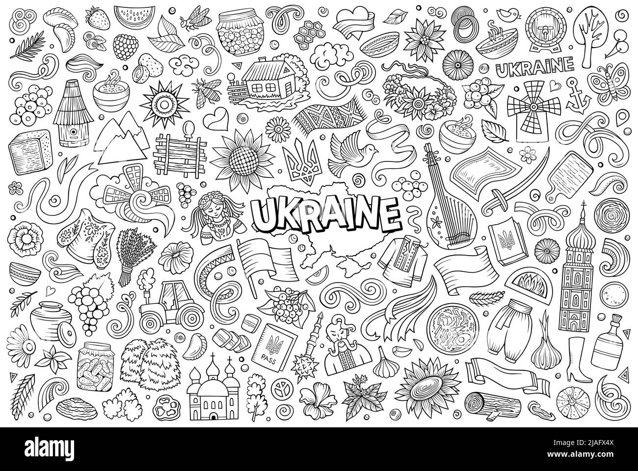 Line art vector hand drawn doodle cartoon set of Ukraine theme items, objects and symbols Stock Vector