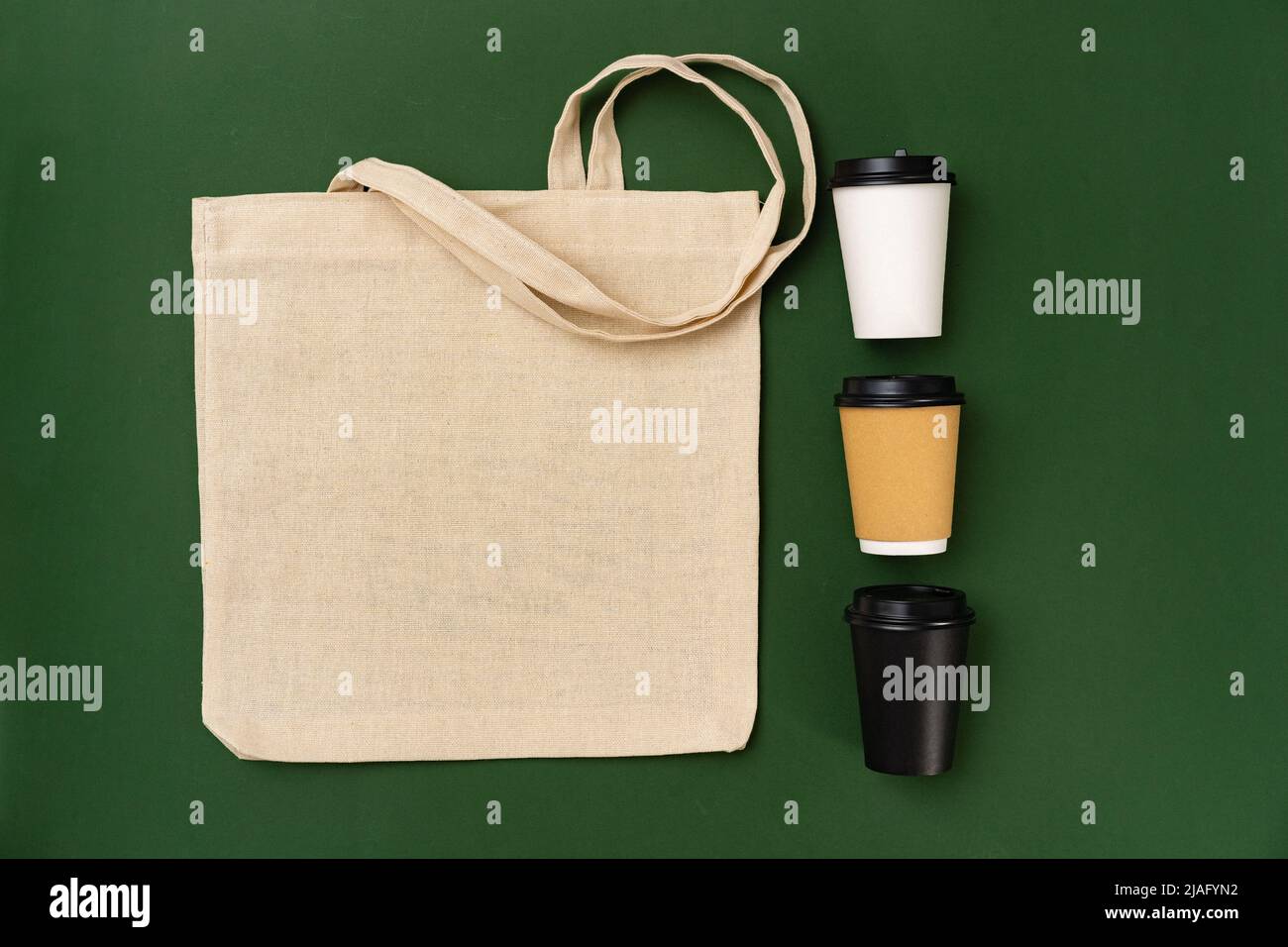 Textile shopping bag and coffee cup flat lay Stock Photo - Alamy
