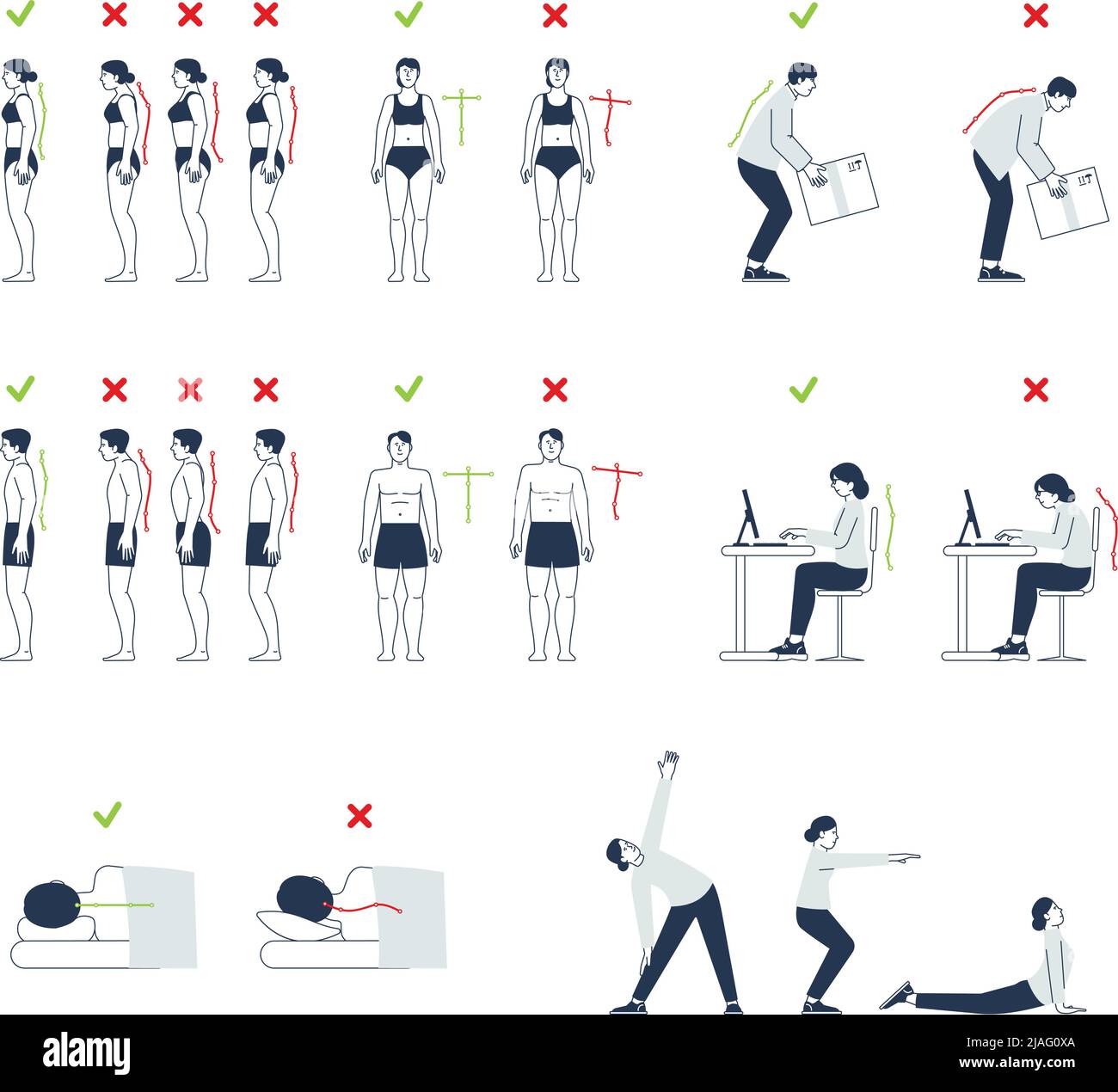 Correct positions. Posture infographics, physiotherapy and good sleeping. Properly stand, sit and lift weights. Right and wrong spine position recent Stock Vector