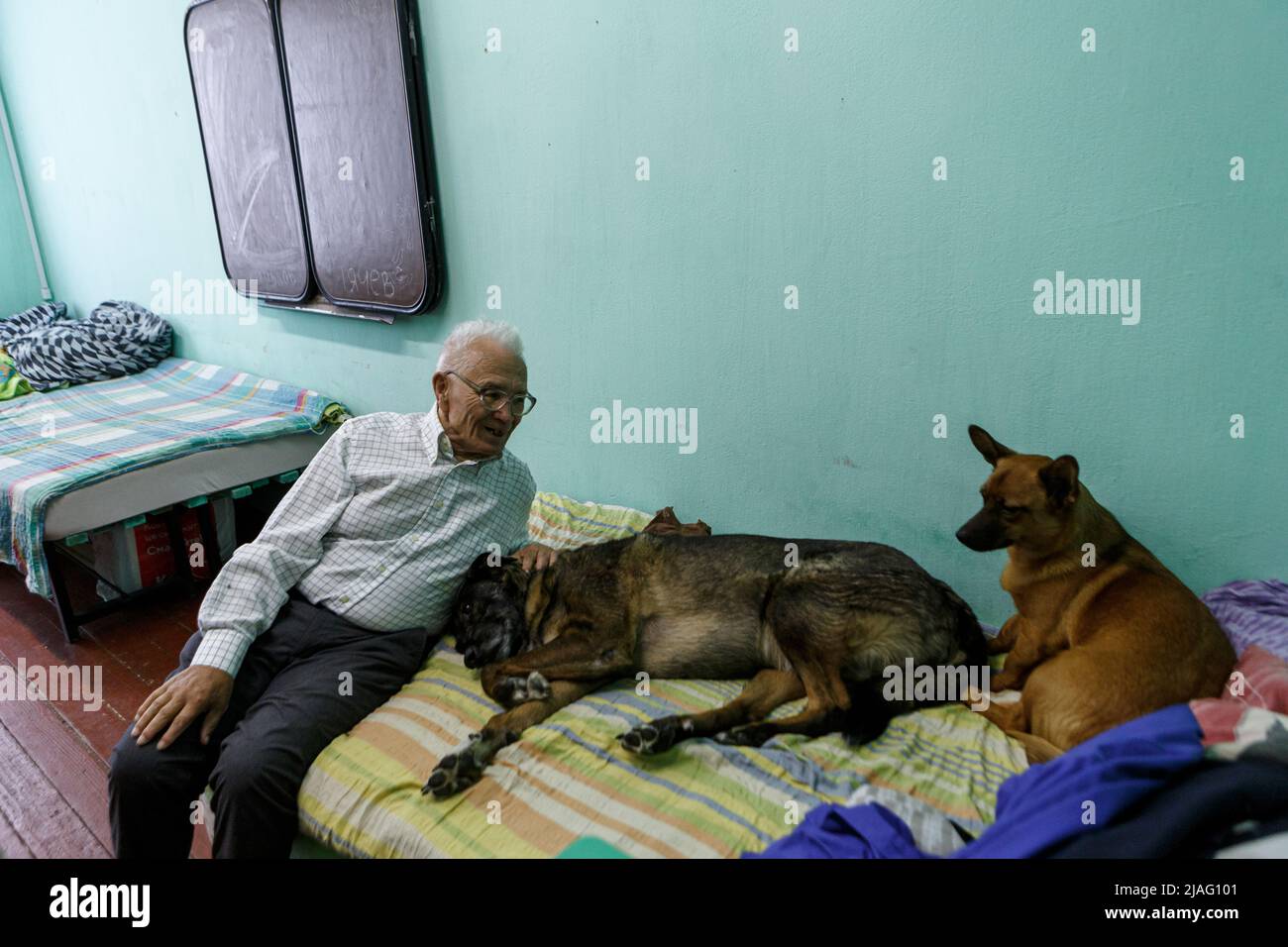 TIACHIV, UKRAINE - MAY 28, 2022 - Pensioner Mykola Rudakov from Kharkiv who spent nearly 20 days in the basement hiding from Russian shelling sits on Stock Photo