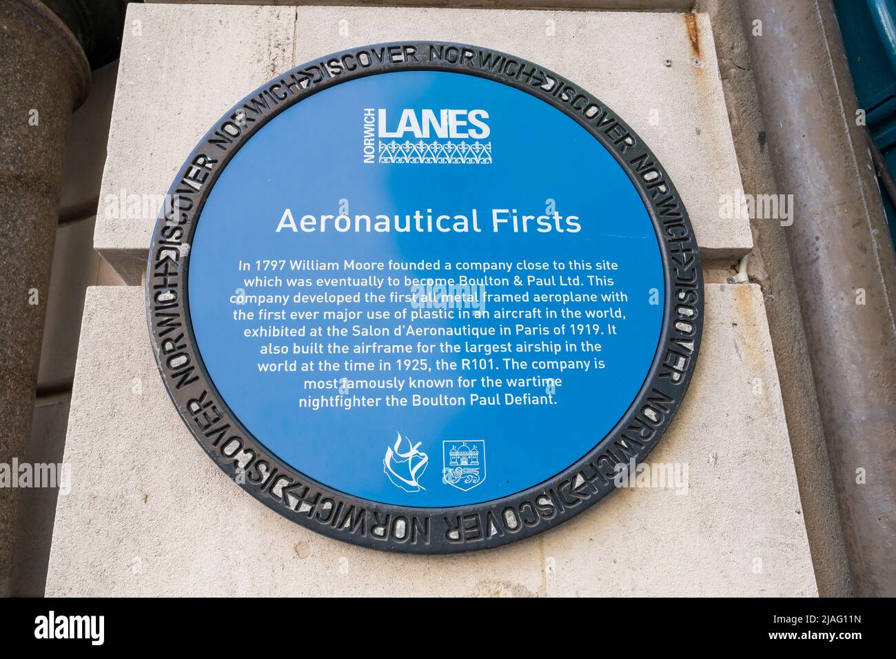 A Discover Norwich blue plaque in Norwich. Stating that Boulton &Paul