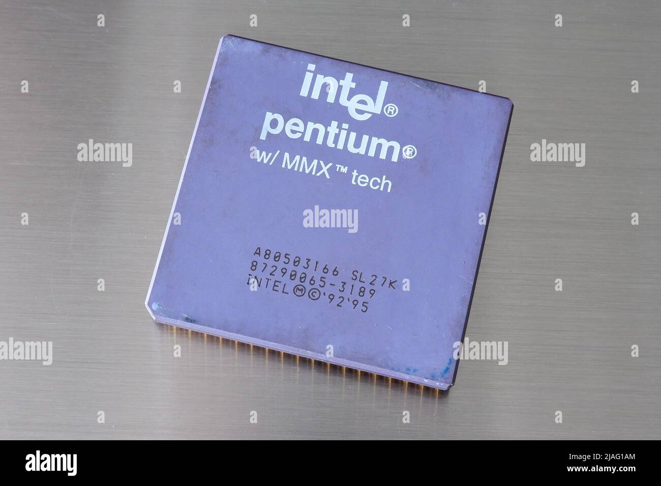 Ryazan, Russia 6-15-2021: Old Intel processor on a gray background Stock Photo