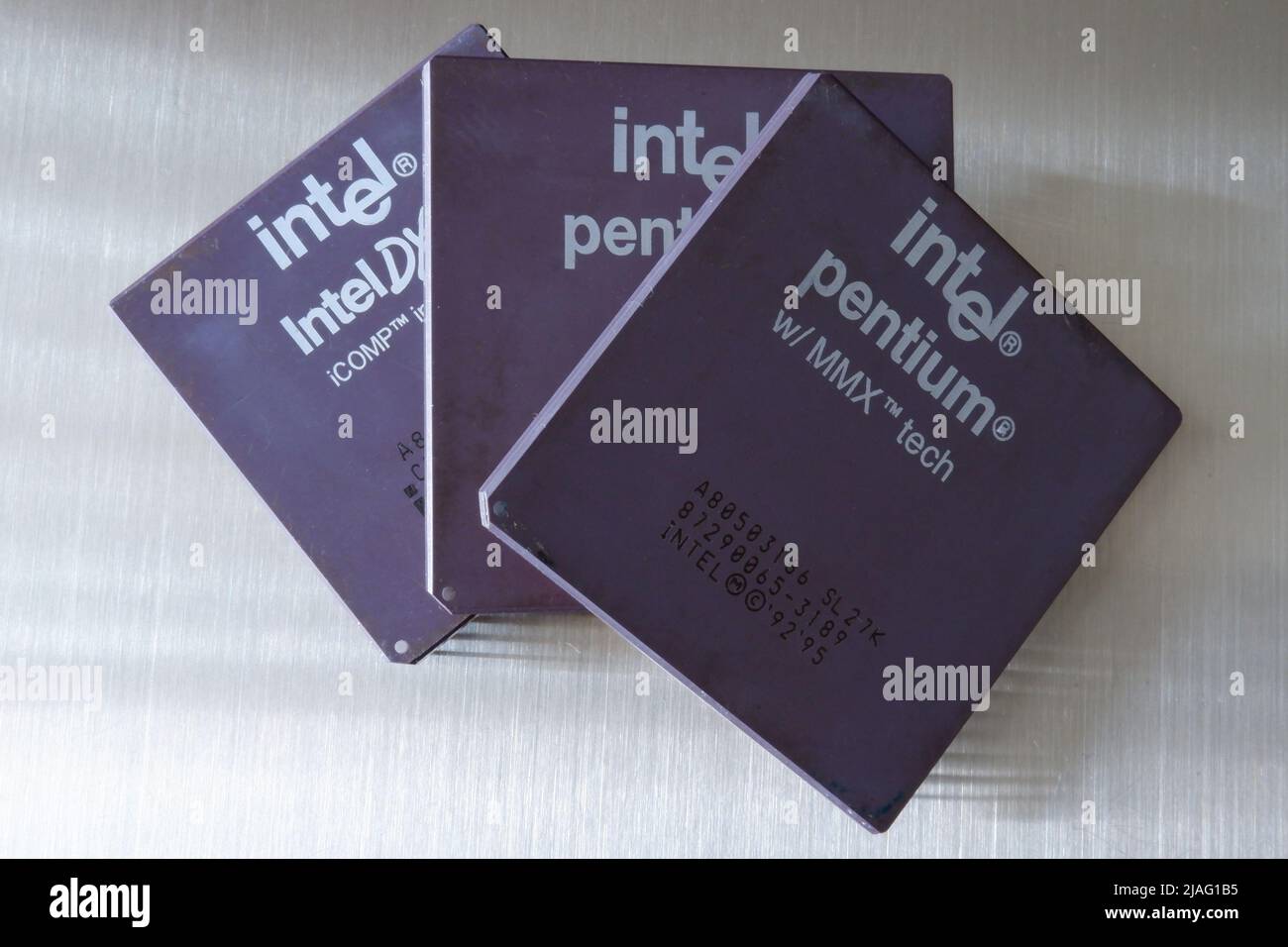 Ryazan, Russia 6-15-2021: Old Intel processors on a gray background Stock Photo
