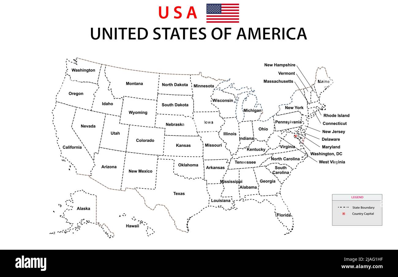 USA Map. Political map of the United States of America. US Map with white background and all states names. Stock Vector