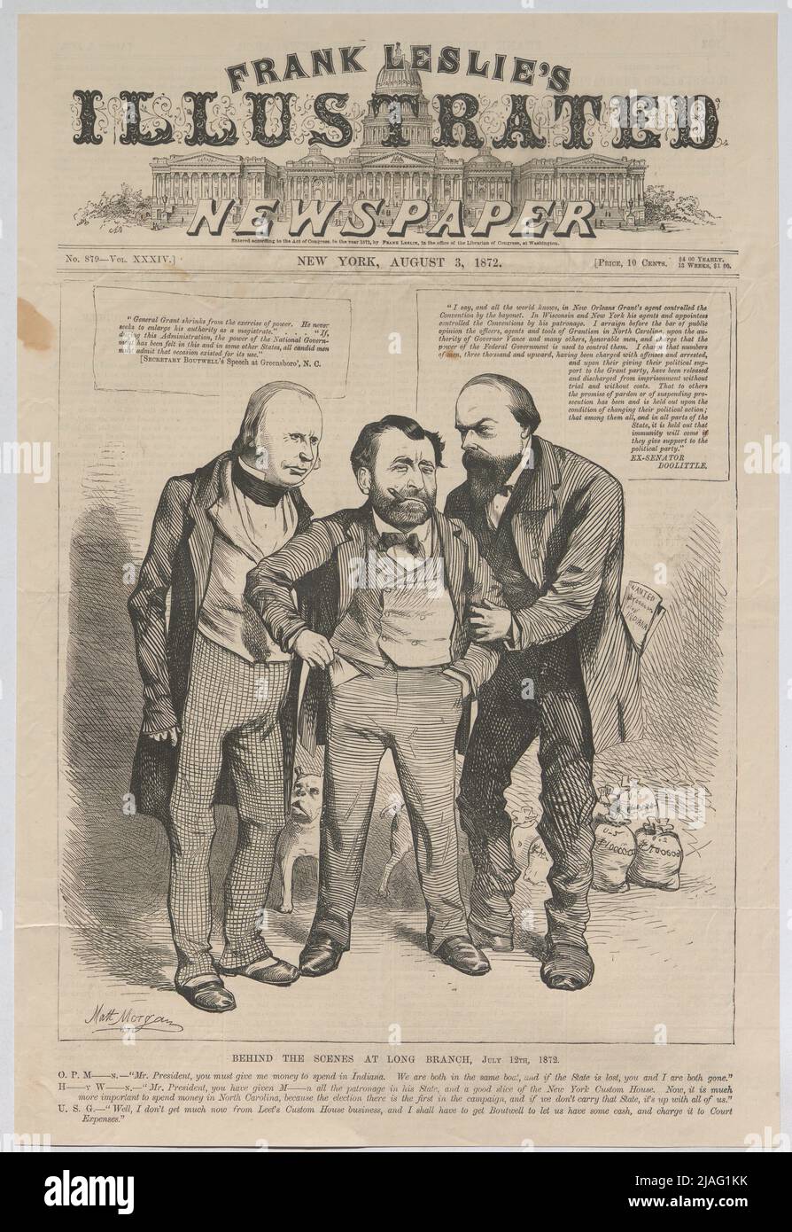 BEHIND THE SCENES AT LONG BRANCH, JULY 12TH, 1872'. Ulysses S. Grant; Hinter den Kulissen in Long Branch, 12.7.1872 (aus 'Frank Leslie´s Illustrated Newspaper', New York). Matt Morgan (1837—1890), caricaturist Stock Photo