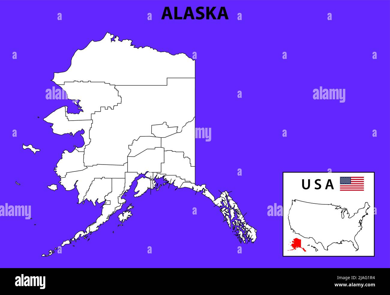 District map of Alaska in Outline. Stock Vector