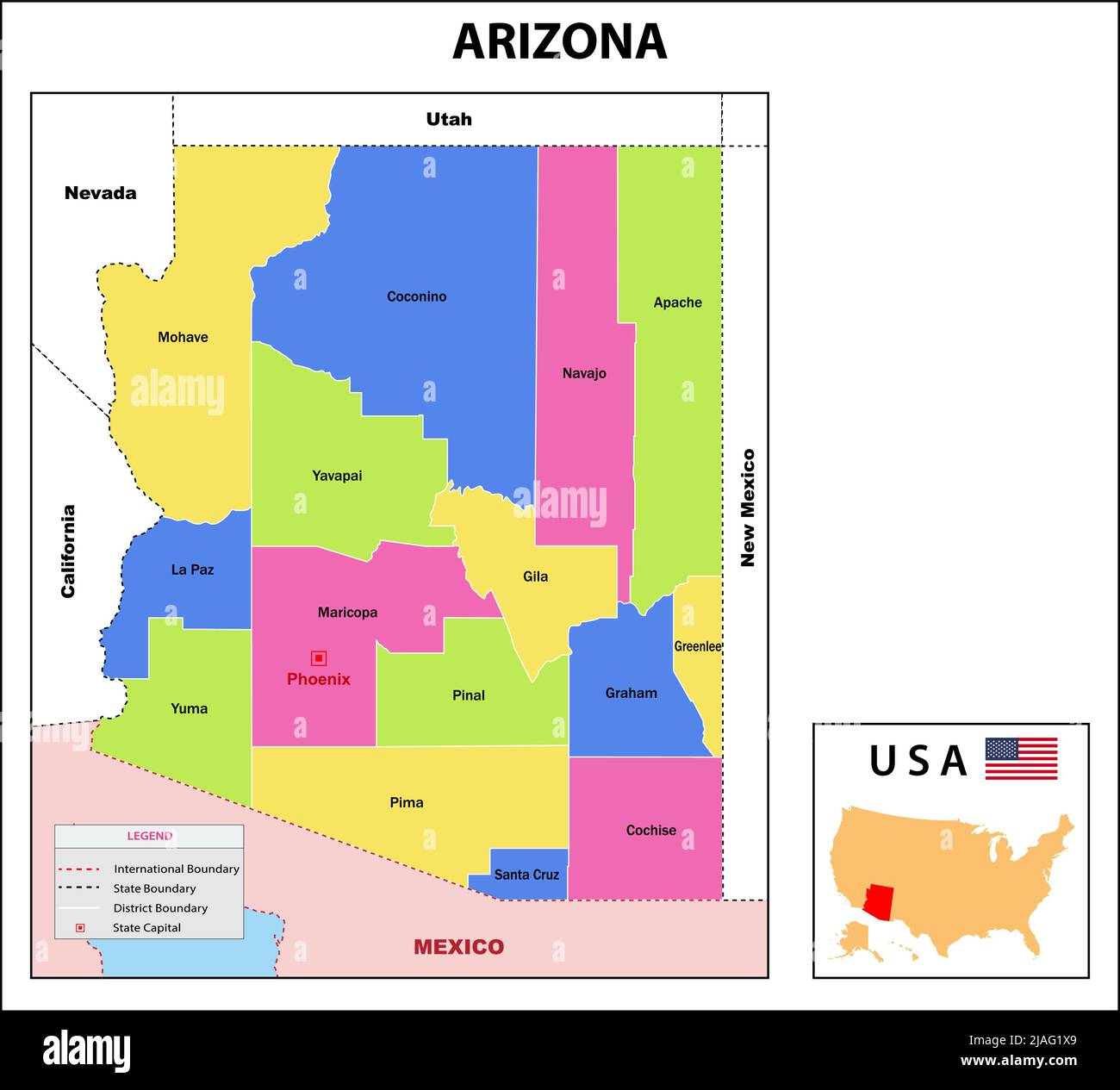 Arizona Map. State and district map of Arizona. Administrative and political map of Arizona with neighboring countries and borders. Stock Vector