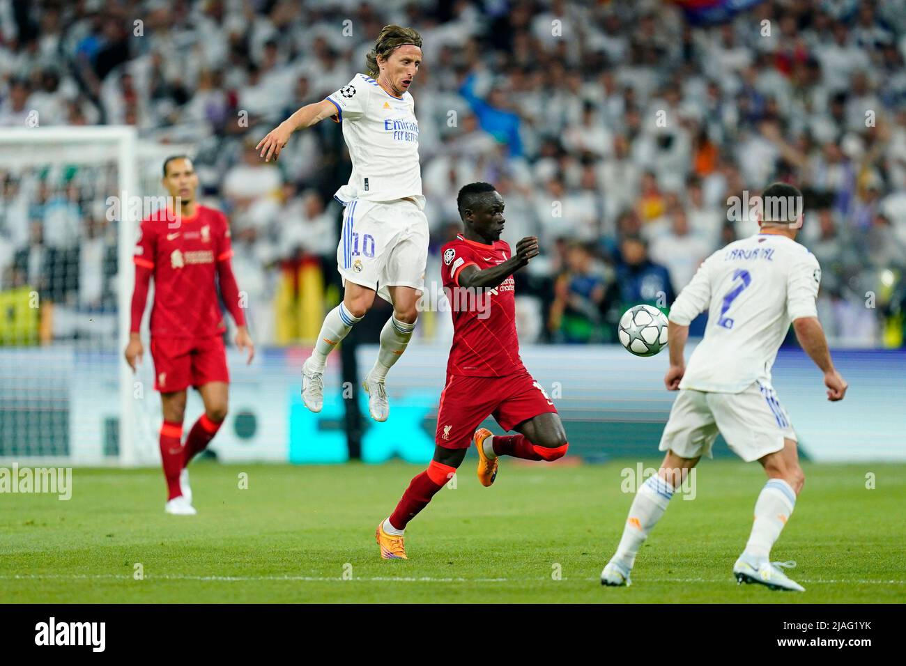 Luka Modric of Real Madrid and Sadio Mane of Liverpool FC during the UEFA  Champions League Final match between Liverpool FC and Real Madrid played at  Stade de France on May 28,
