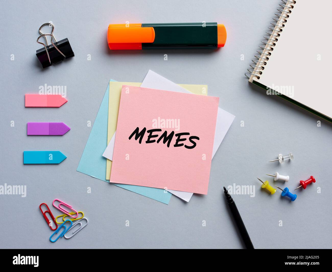 The phrase memes written on a notepaper on business office desktop. Meme is a piece of information or an element of culture in media which is copied a Stock Photo