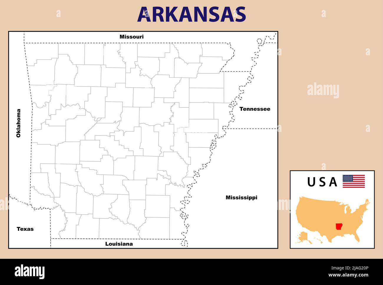 Arkansas map. Arkansas District map in Outline. Vector map design Stock