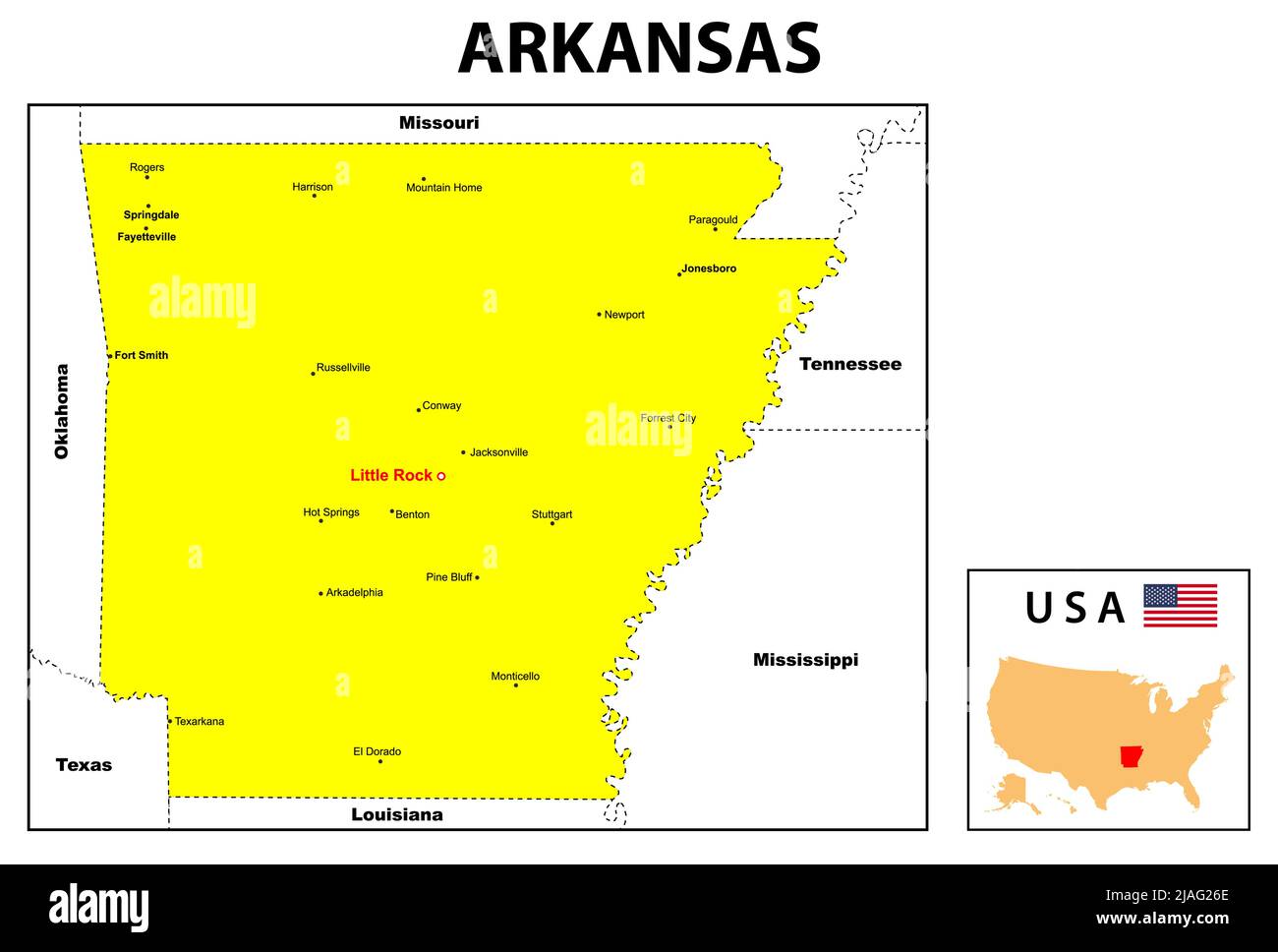 Arkansas Map. State and district map of Arkansas. Administrative and