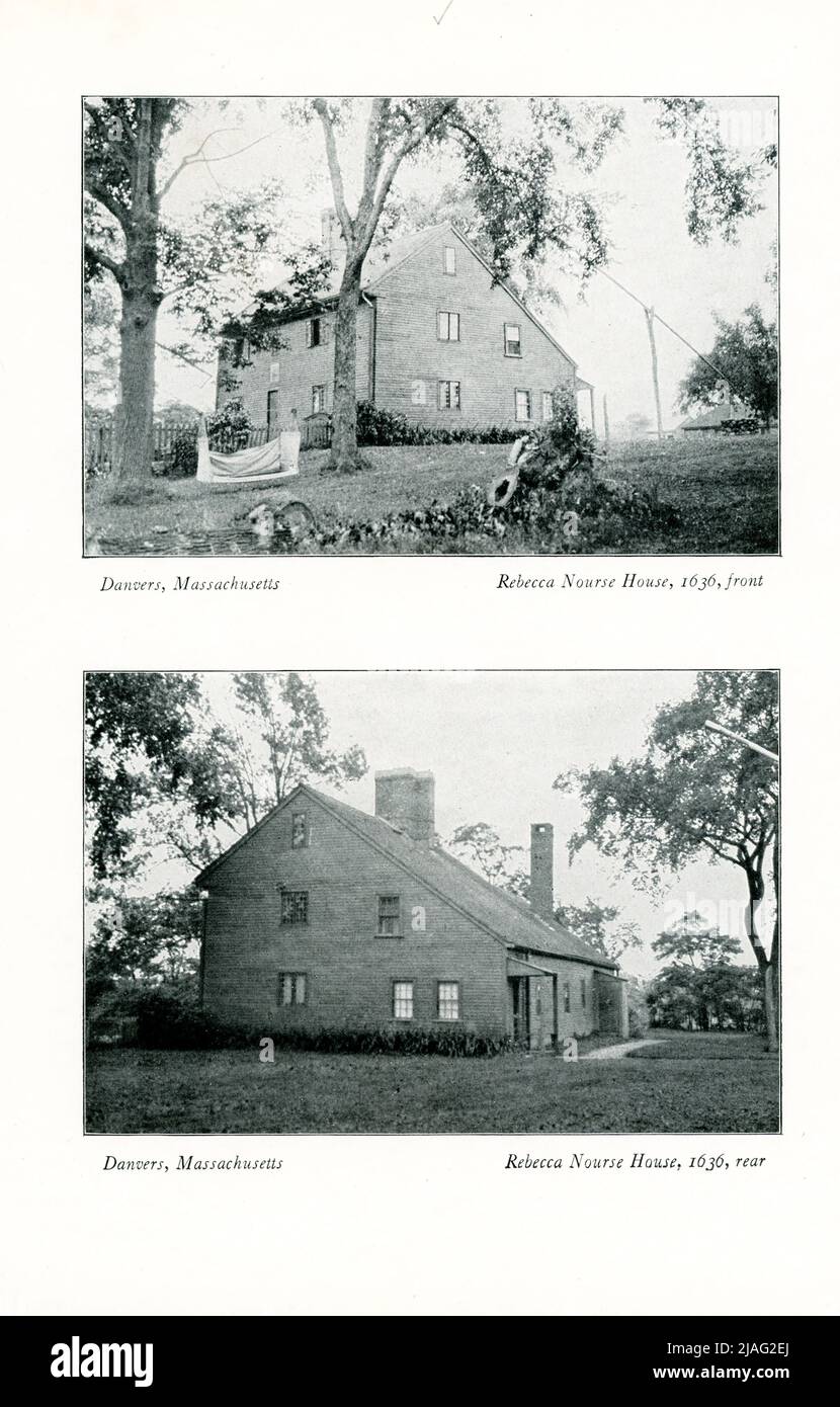 The 1920 caption reads: Rebecca Nurse House 1636 – Front and Rear in Danvers, Massachusetts. The Rebecca Nurse Homestead is a historic house museum in Danvers, Massachusetts. The home once belonged to Rebecca Nurse, who was accused of witchcraft during the Salem Witch Trials, and it is the only home of a person executed during the trials that is open to the public. Stock Photo