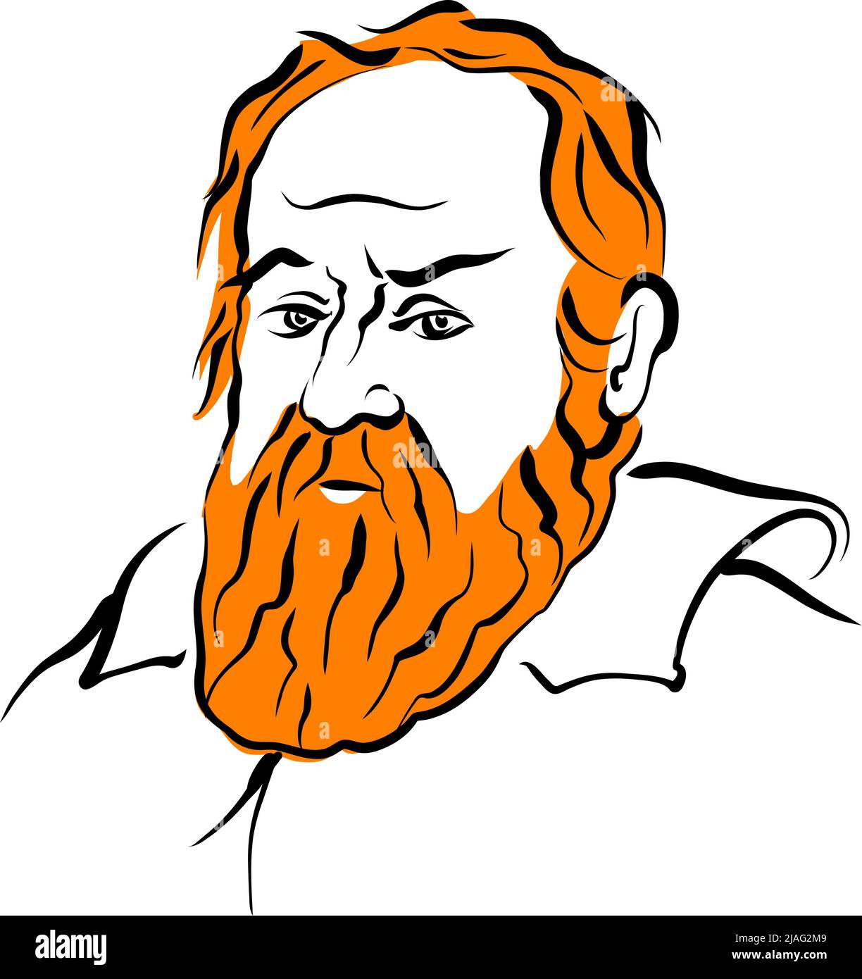 Galileo Galilei vector drawing with surface for hair. Hand-drawn outline sketch by artist Knut Hebstreit. Drawing for use on any marketing project and Stock Vector