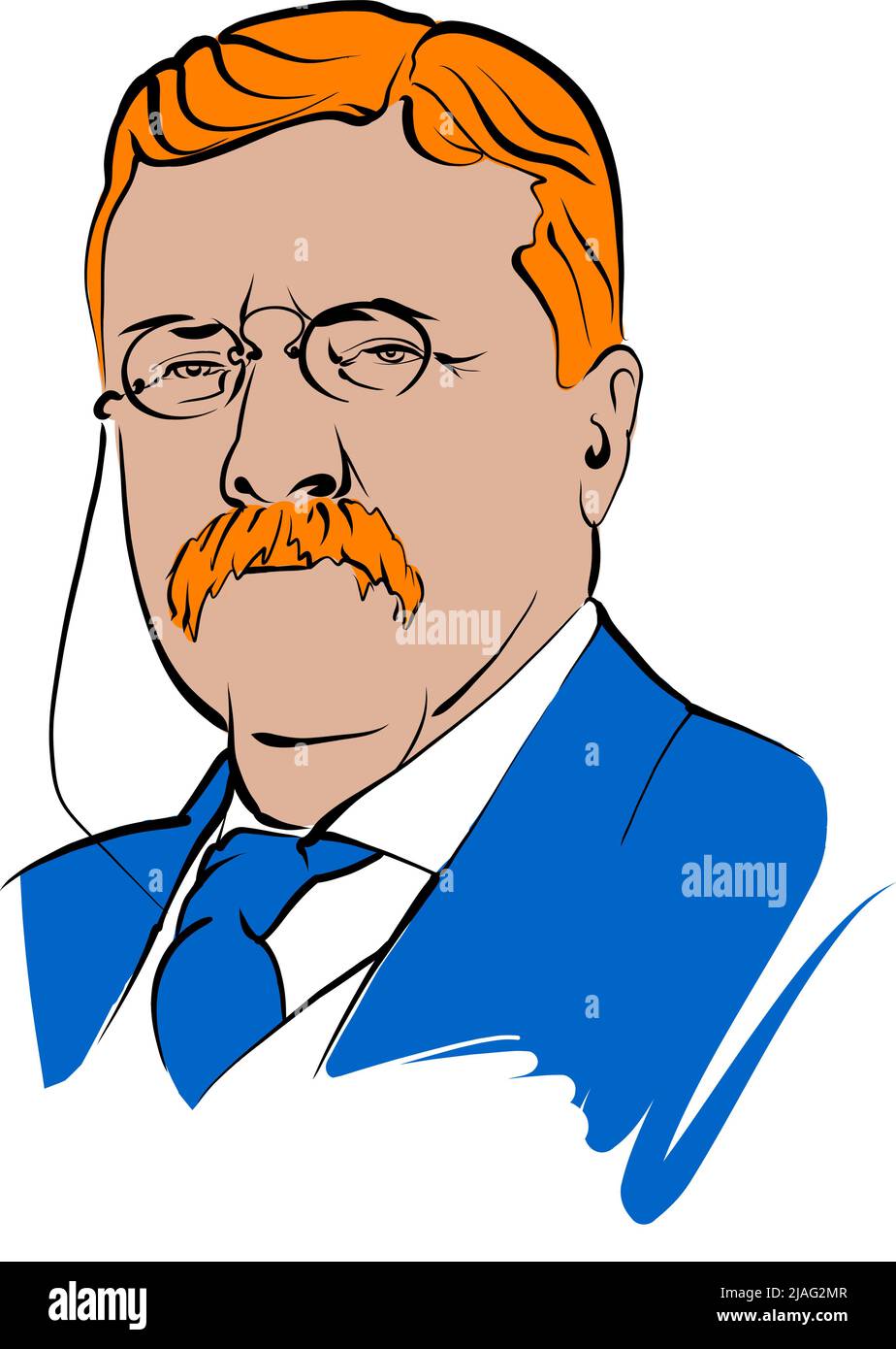 Theodore Roosevelt vector drawing with colored surfaces. Hand-drawn outline sketch by artist Knut Hebstreit. Drawing for use on any marketing project Stock Vector